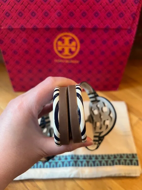 Tory Burch Navy & White Striped Patent Leather Miller Sandals - Picture 8 of 10